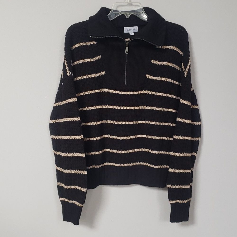 Evereve Sweater Womens Oversize Gigi Black Tan Stripe 1/4 Zip Pullover Cozy Rib